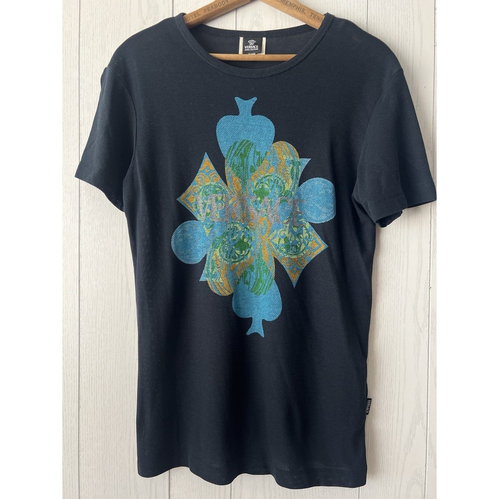 Vintage Y2K Versace Jeans Couture Women L Mesh Casino Playing Card Graphic Shirt